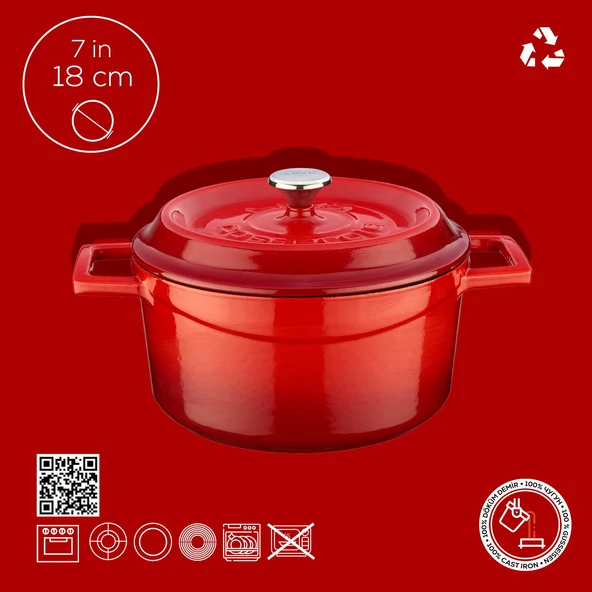 Lava Döküm Yuvarlak Tencere. Trendy Çap(Ø) 18cm.  Kırmızı - Resim 3