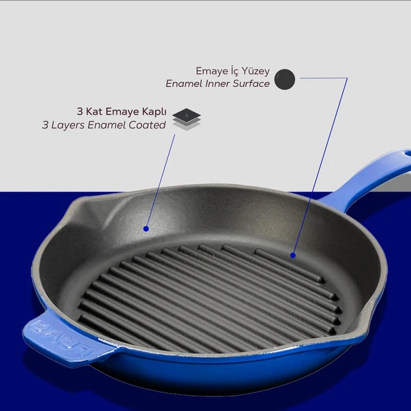 Lava Döküm Yuvarlak Izgara Tava Döküm Demir Yekpare Saplı Çap(Ø)28cm.  Mavi - 6