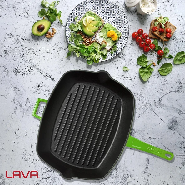 Lava Döküm Dikdörtgen Izgara Tava Döküm Demir Yekpare Saplı Ölçü 26x32cm.  Yeşil - Resim 7