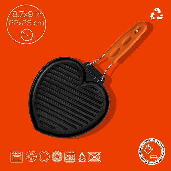 Lava Döküm Sığ Izgara Tavası Love Serisi Silikon Tel Saplı Ölçü 22x23cm.  Turuncu - 5