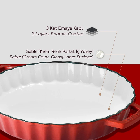 Lava Döküm Yuvarlak Rosto ve Fırın Tepsisi Edition Serisi Döküm Demir Yekpare Çift Kulplu Çap(Ø)30cm. Kırmızı - 6