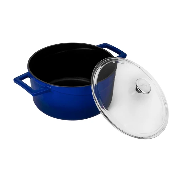 Lava Döküm Yuvarlak Tencere Cam kapaklı. Glaze Çap(Ø)20cm.  Mavi - Resim 2
