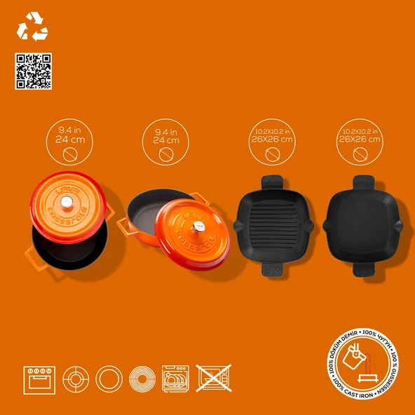 Lava Döküm 5X Trendy Serisi Döküm Demir Tencere Tava Çeyiz Seti  Turuncu - Resim 2