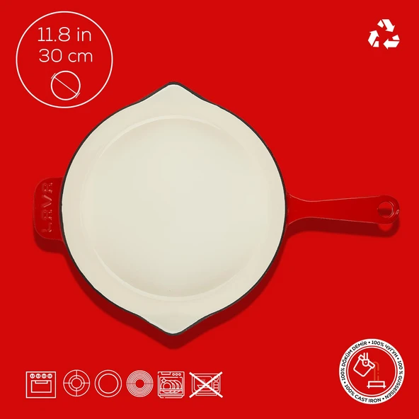 Lava Döküm Yuvarlak Kızartma Tavası Döküm Demir Yekpare Saplı Edition Serisi Çap(Ø)30cm.  Kırmızı - 4