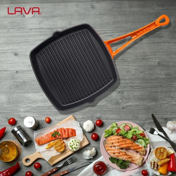 Lava Döküm Kare Izgara Tava Döküm Demir Yekpare Saplı. Ölçü 26x26cm.  Turuncu - Resim 7