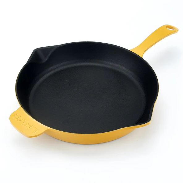 Lava Döküm Yuvarlak Kızartma Tavası Döküm Demir Yekpare Saplı Spring Serisi Çap(Ø)28cm.  Sarı - Resim 3