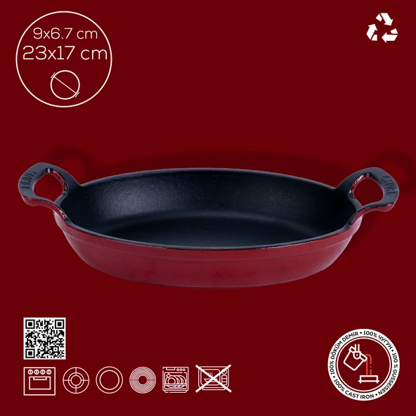 Lava Döküm Oval Sahan Döküm Demir Yekpare Çift Kulplu Ölçü 23x17cm.  Kırmızı - Resim 4