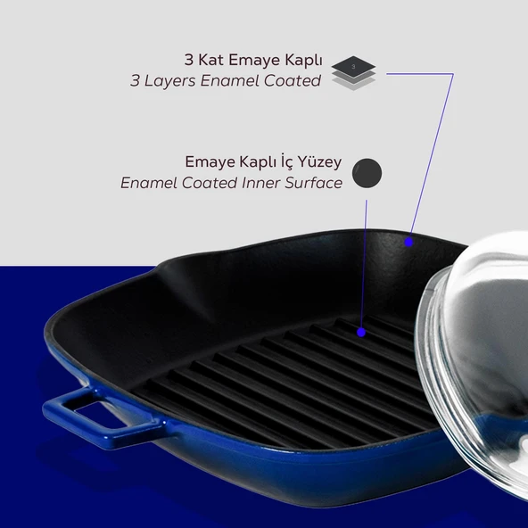 Lava Döküm Kare Izgara Tava Cam Kapaklı Döküm Demir Yekpare Saplı Ölçü 26x26cm.  Mavi - Resim 6