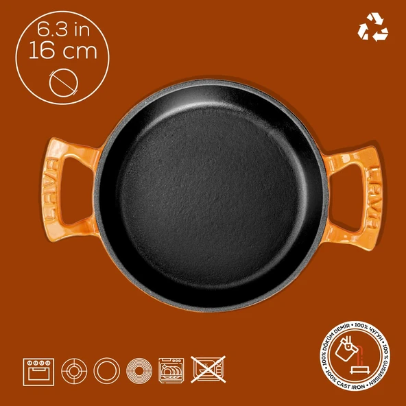 Lava Döküm Yuvarlak Sahan Döküm Demir Yekpare Çift Kulplu Çap(Ø)16cm.  Turuncu - Resim 4