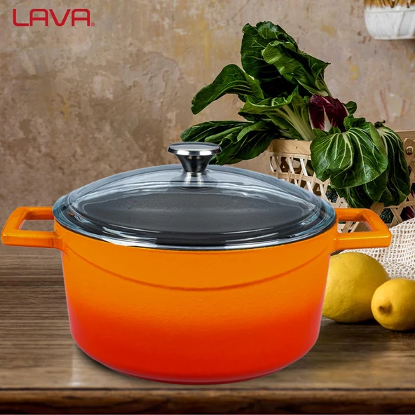 Lava Döküm Yuvarlak Tencere Cam kapaklı. Glaze Çap(Ø)20cm.  Turuncu - Resim 7