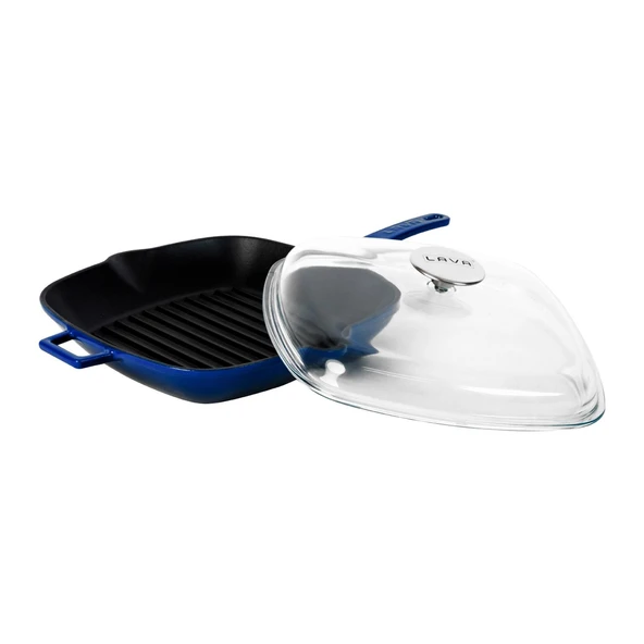 Lava Döküm Kare Izgara Tava Cam Kapaklı Döküm Demir Yekpare Saplı Ölçü 28x28cm.  Mavi - Resim 2