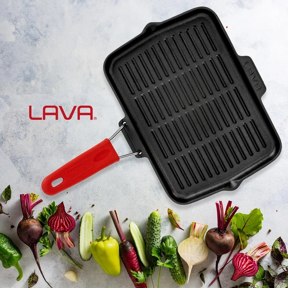 Lava Döküm Dikdörtgen Sığ Izgara Tavası Silikon Tel Saplı Ölçü 21x30cm  Kırmızı - 9