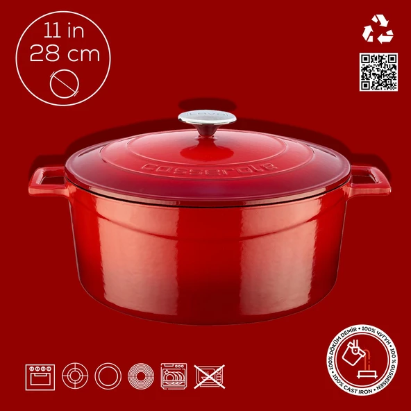 Lava Döküm Yuvarlak Tencere. Folk Çap(Ø)28cm.  Kırmızı - Resim 4