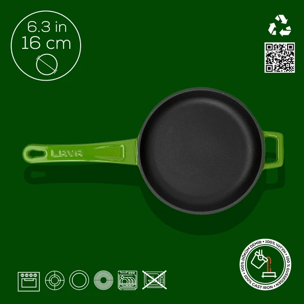 Lava Döküm Yuvarlak Kızartma Tavası Döküm Demir Yekpare Saplı Çap(Ø)16cm.  Yeşil - Resim 4