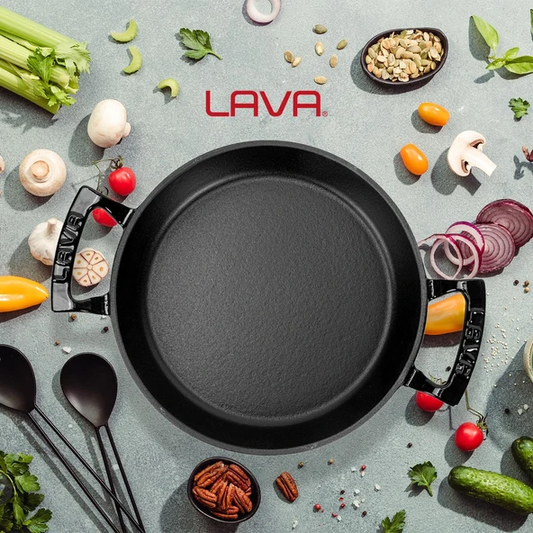 Lava Döküm Yuvarlak Sahan Döküm Demir Yekpare Çift Kulplu Çap(Ø)20cm.  Siyah - Resim 7