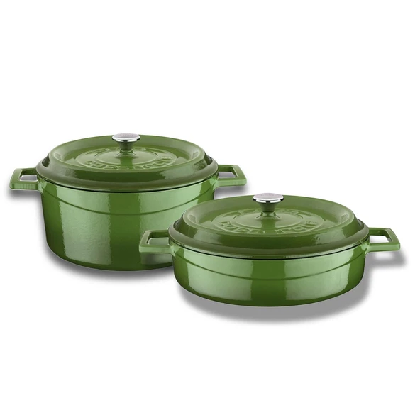 Lava Döküm Yuvarlak Derin ve Sığ 5 Parça Tencere Seti  Yeşil - Resim 2