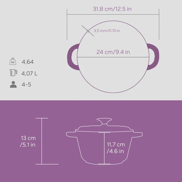 Lava Döküm Yuvarlak Tencere Döküm Demir Kapak New Heritage Serisi Çap(Ø)24cm.  Mor - Resim 5