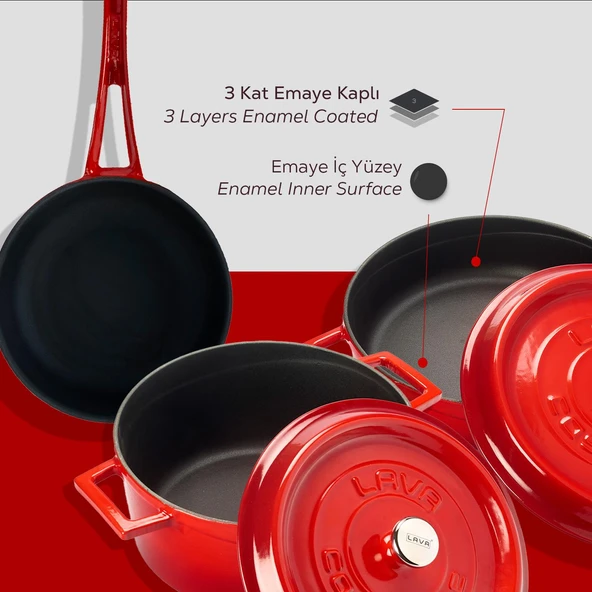 Lava Döküm 3x Trendy Serisi 6 Parça Tencere & Tava Seti Kırmızı - 5
