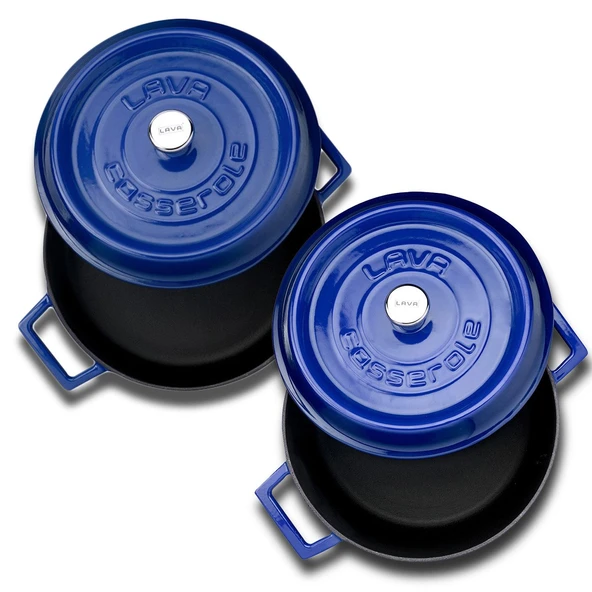 Lava Döküm Yuvarlak Derin ve Sığ 5 Parça Tencere Seti  Mavi - Resim 3