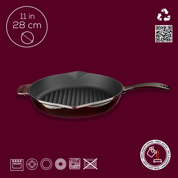 Lava Döküm Yuvarlak Izgara Tavası Döküm Demir Yekpare Saplı Premium Serisi. Çap(Ø)28cm.  Mor - Resim 4