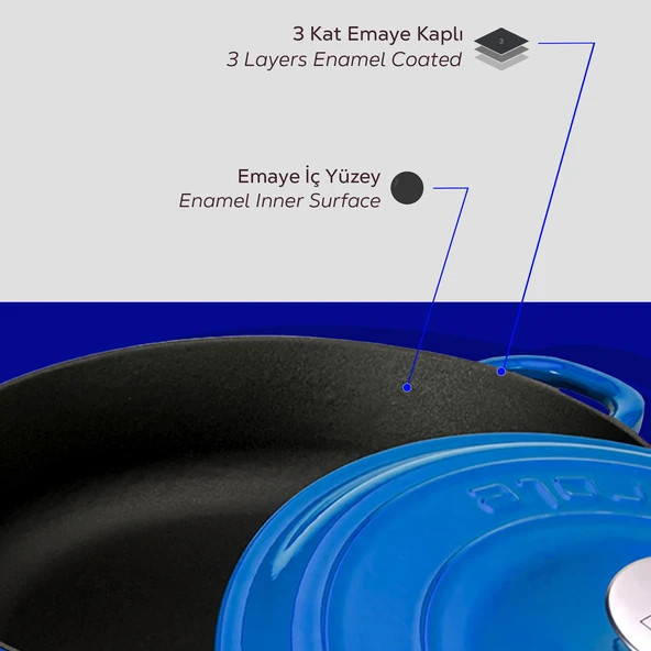 Lava Döküm Yuvarlak Çok Amaçlı Yayvan Tencere New Heritage Serisi Çap(Ø)28cm.  Mavi - Resim 6