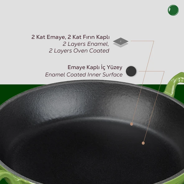 Lava Döküm Yuvarlak Sahan Döküm Demir Yekpare Çift Kulplu Çap(Ø)24cm.  Yeşil - Resim 6