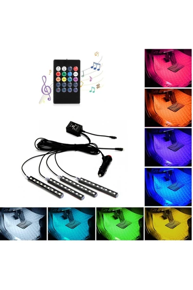 Araç Içi Aydınlatma Ayak Altı Led Müziğe Sese Duyarlı Kumandalı Rgb Aydınlatma Çakmak Girişli 12v