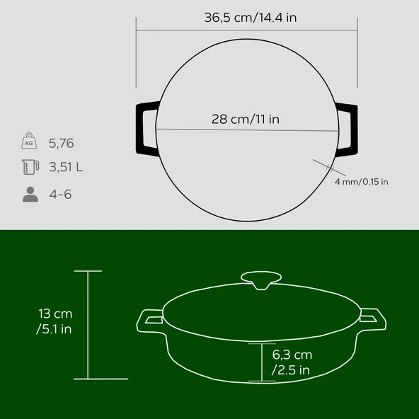 Lava Döküm Çok Amaçlı Yayvan Tencere. Folk Serisi Çap(Ø)28cm.  Yeşil - Resim 5