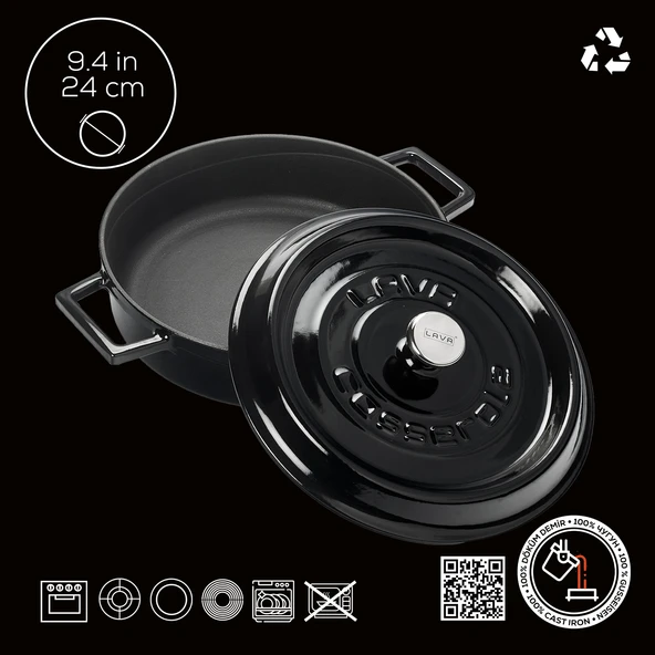 Lava Döküm Çok Amaçlı Yayvan Tencere. Trendy Serisi Çap(Ø)24cm.  Siyah - Resim 4