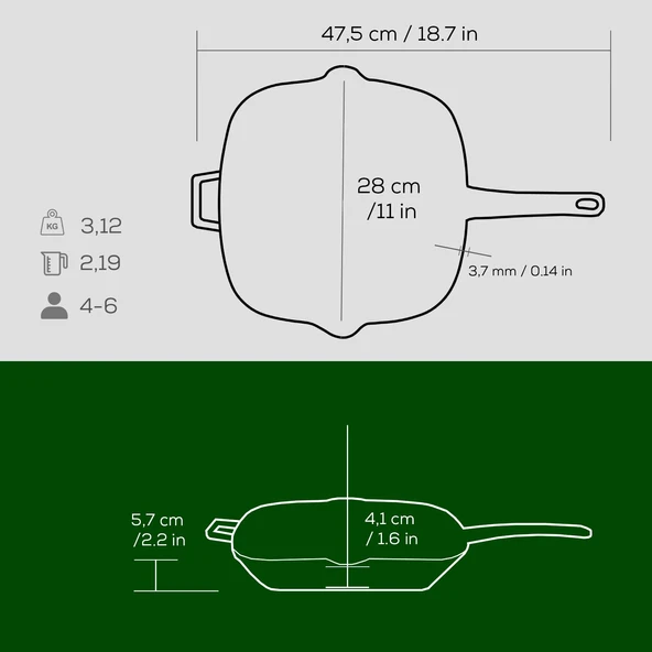 Lava Döküm Kare Izgara Tava Döküm Demir Yekpare Saplı Ölçü 28x28cm.  Yeşil - Resim 4