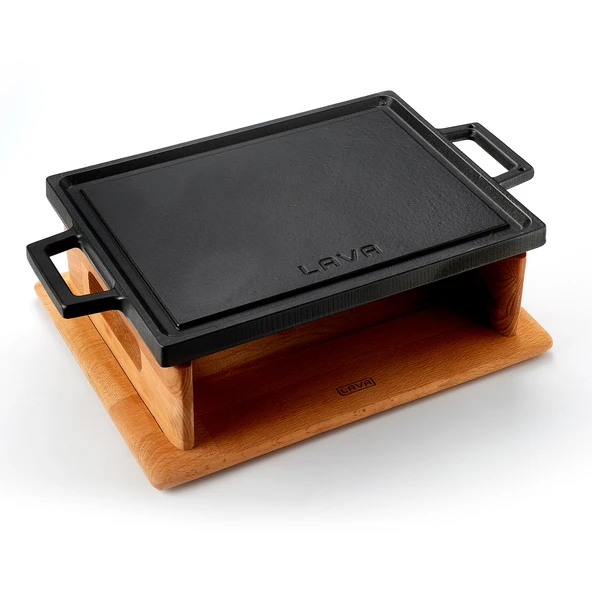 Lava Döküm Dikdörtgen Çift Yön Izgara Hot Plate Döküm Demir Yekpare Çift Kulplu Kayın Servis Ahşabı Ölçü 22x30cm.(Isıtıcı dahil değildir.) - 2