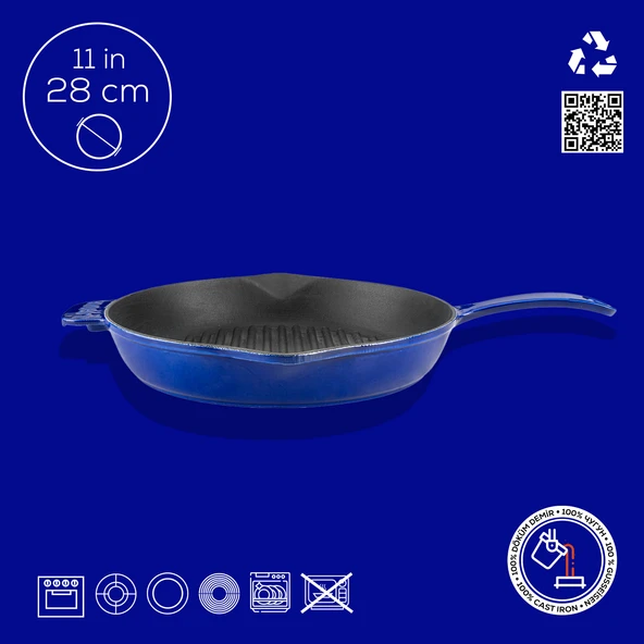 Lava Döküm Yuvarlak Izgara Tavası Döküm Demir Yekpare Saplı Premium Serisi. Çap(Ø)28cm.  Mavi - Resim 5