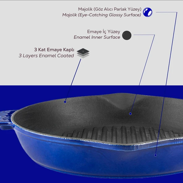 Lava Döküm Yuvarlak Izgara Tavası Döküm Demir Yekpare Saplı Premium Serisi. Çap(Ø)28cm.  Mavi - Resim 7