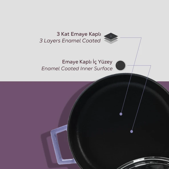 Lava Döküm Çok Amaçlı Yayvan Tencere. Glaze Serisi Çap(Ø)28cm.  Mor - Resim 6