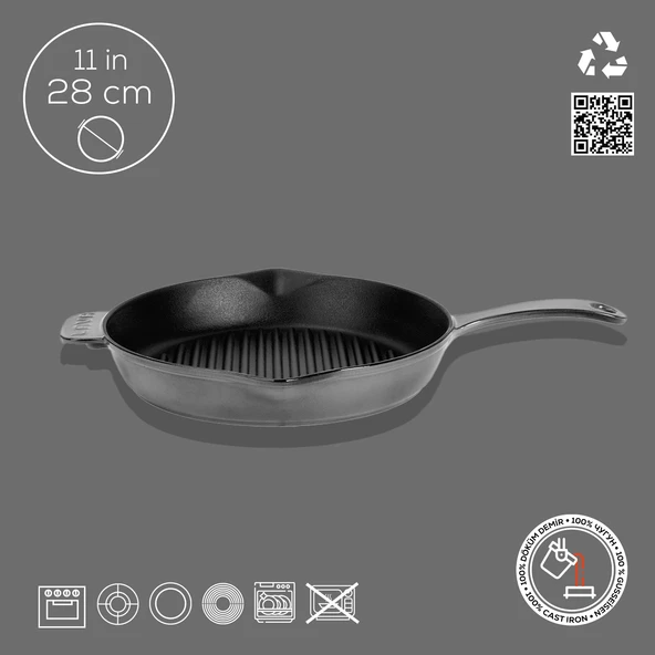 Lava Döküm Yuvarlak Izgara Tavası Döküm Demir Yekpare Saplı Premium Serisi. Çap(Ø)28cm. Gri - 4