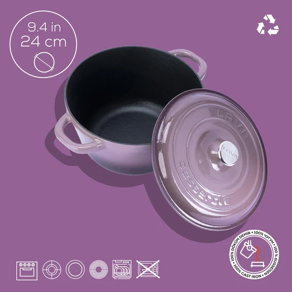 Lava Döküm Yuvarlak Tencere Döküm Demir Kapak New Heritage Serisi Çap(Ø)24cm.  Mor - Resim 4