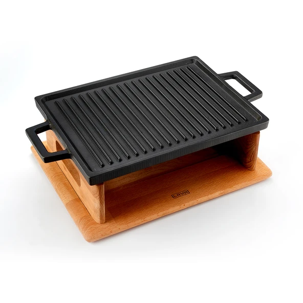 Lava Döküm Dikdörtgen Çift Yön Izgara Hot Plate Döküm Demir Yekpare Çift Kulplu Kayın Servis Ahşabı Ölçü 22x30cm.(Isıtıcı dahil değildir.) - 1