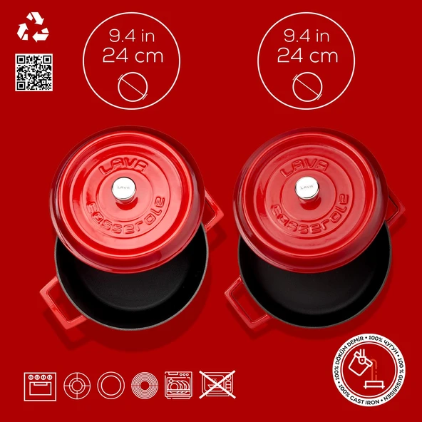 Lava Döküm Yuvarlak Derin ve Sığ 5 Parça Tencere Seti  Kırmızı - Resim 5