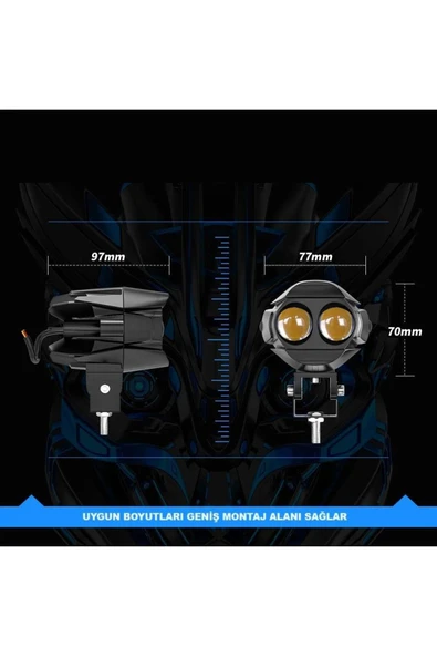 ASTRALED 2 ADET Motosiklet Çift Göz Led Lazer Sis Farı  Delici Beyaz Sarı Çift Renk 12-80 Volt - Resim 2