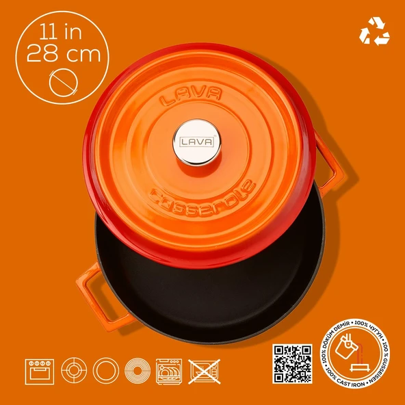 Lava Döküm Çok Amaçlı Yayvan Tencere. Trendy Serisi Çap(Ø)28cm.  Turuncu - Resim 4