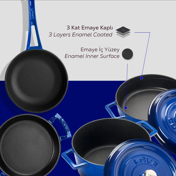 Lava Döküm 4x Trendy Serisi 7 Parça Tencere & Tava Seti  Mavi - Resim 5