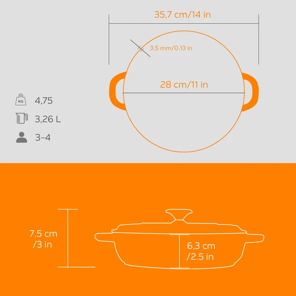 Lava Döküm Yuvarlak Çok Amaçlı Yayvan Tencere New Heritage Serisi Çap(Ø)28cm.  Turuncu - Resim 5