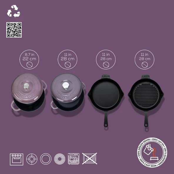 Lava Döküm 4X New Heritage Serisi Döküm Demir Tencere Tava Çeyiz Seti  Mor - Resim 4