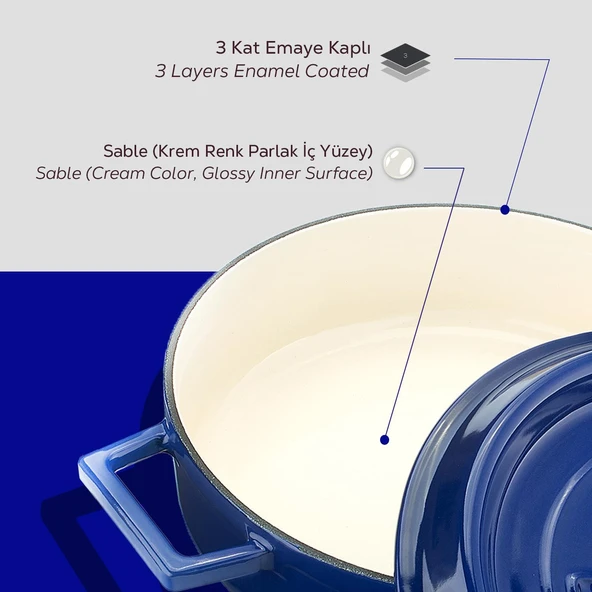 Lava Döküm Çok Amaçlı Yayvan Tencere Döküm Demir Yekpare Kulplu Edition Serisi Çap(Ø)28cm.  Mavi - Resim 6