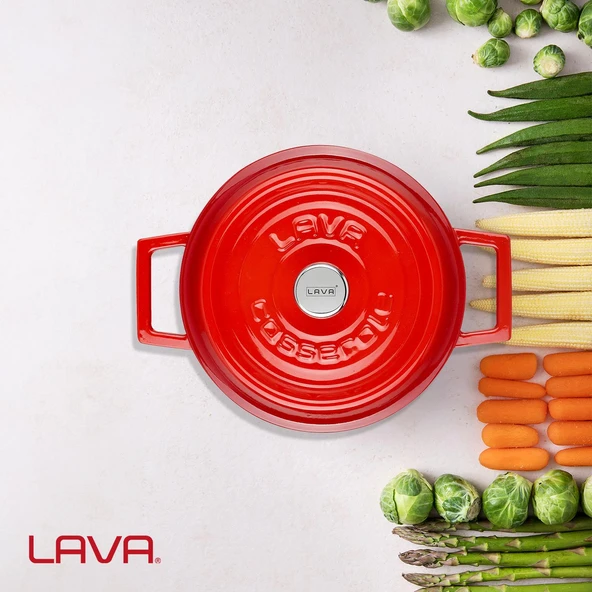 Lava Döküm Yuvarlak Tencere. Trendy Çap(Ø)20cm.  Kırmızı - Resim 7