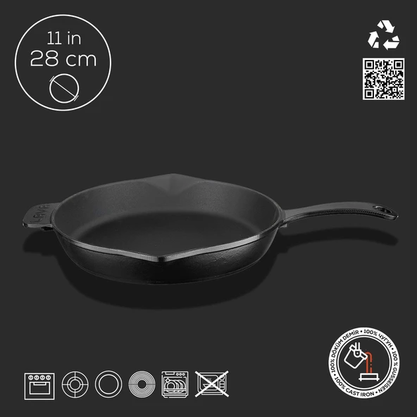 Lava Döküm Yuvarlak Kızartma Tavası Döküm Demir Yekpare Saplı. Çap(Ø)28cm  Siyah - 4
