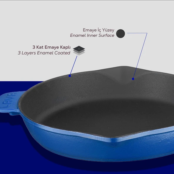 Lava Döküm Yuvarlak Kızartma Tavası Döküm Demir Yekpare Saplı. Çap(Ø)28cm  Mavi - 6
