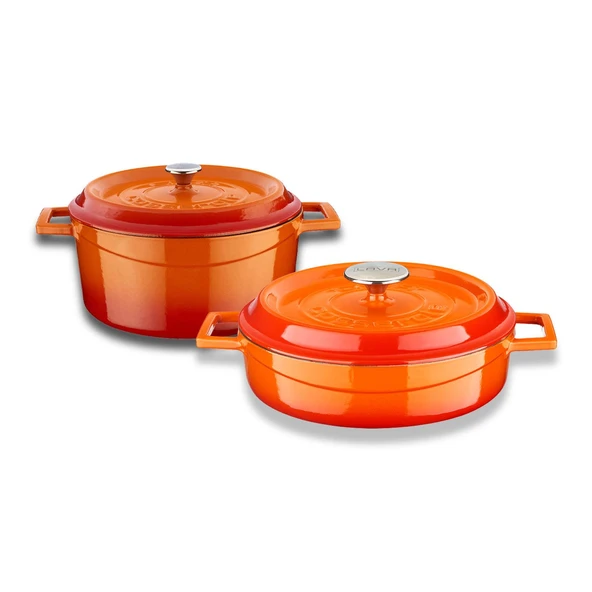 Lava Döküm Yuvarlak Derin ve Sığ 5 Parça Tencere Seti  Turuncu - Resim 3