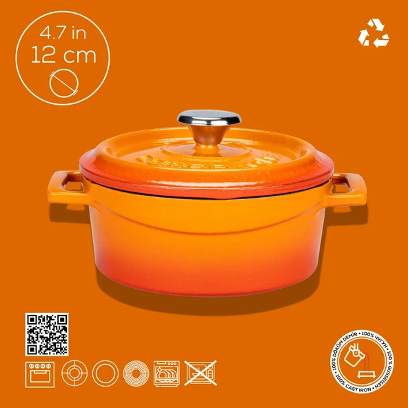 Lava Döküm Yuvarlak Tencere. Trendy Çap(Ø) 12cm.  Turuncu - Resim 3