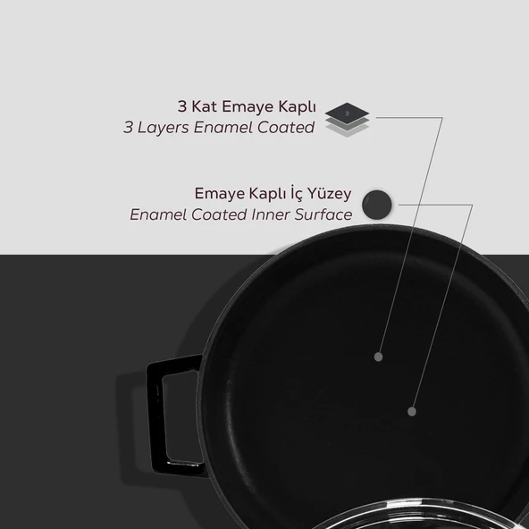 Lava Döküm Çok Amaçlı Yayvan Tencere. Glaze Serisi Çap(Ø)28cm.  Siyah - Resim 6